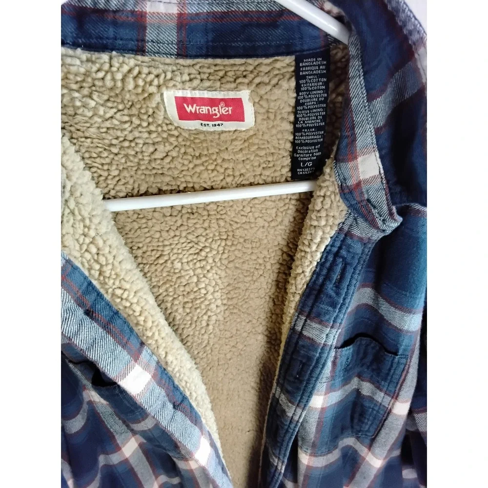 Vintage Wrangler Mens Sherpa Lined Flannel Shirt Jacket Navy Blue Plaid‎ Large